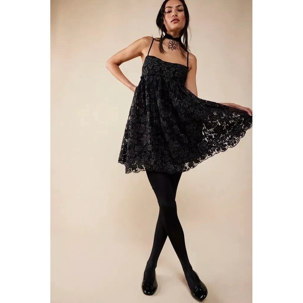 FREE PEOPLE All That Glitters Mini Dress Black Combo Baby Doll Size XL Plus Size